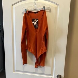 naked wardrobe Orange Ribbed V-Neck Bodysuit